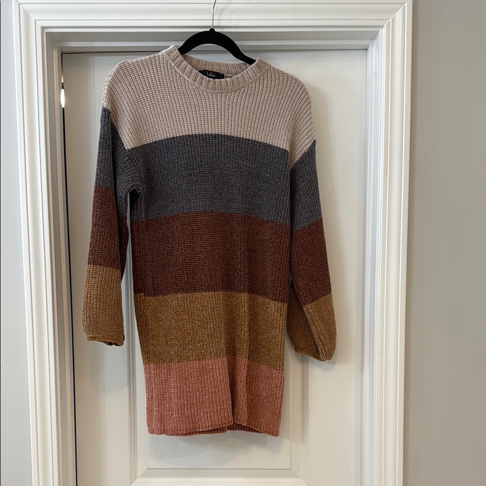 Colors of Autumn Beige Multi Striped Chenille Knit Sweater Dress